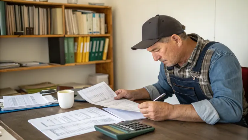 Farmer sitting at desk reviewing financial records and planning documents