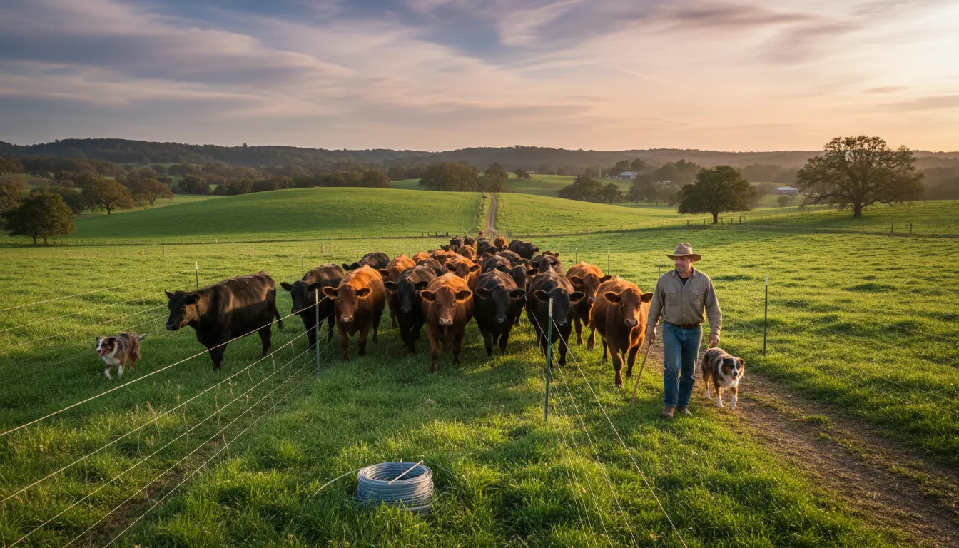Cattle moving between paddocks in systematic rotational grazing system